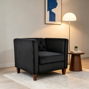 English Elm Modern Crushed Velvet Accent Chair Tufted Back Square Arms Tapered Legs Lounge Black B2735P539780