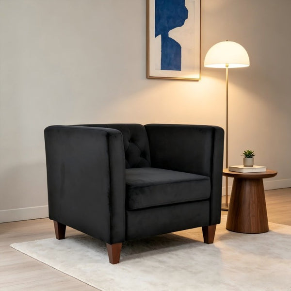 English Elm Modern Crushed Velvet Accent Chair Tufted Back Square Arms Tapered Legs Lounge Black B2735P539780