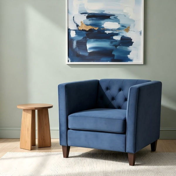 English Elm Modern Crushed Velvet Accent Chair Tufted Back Square Arms Tapered Legs Lounge Dark Blue B2735P539781