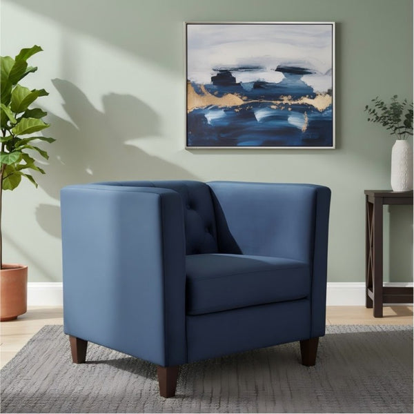 English Elm Modern Crushed Velvet Accent Chair Tufted Back Square Arms Tapered Legs Lounge Dark Blue B2735P539781