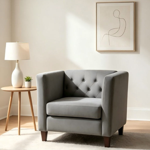 English Elm Modern Crushed Velvet Accent Chair Tufted Back Square Arms Tapered Legs Lounge Gray B2735P539782