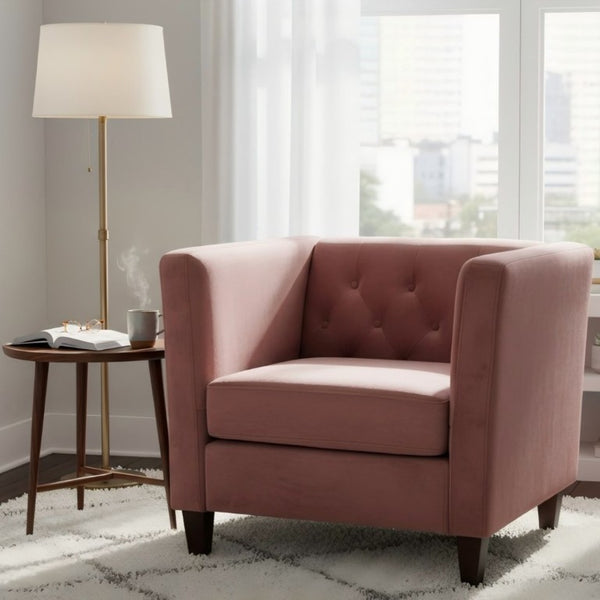 English Elm Modern Crushed Velvet Accent Chair Tufted Back Square Arms Tapered Legs Lounge Rose B2735P539784