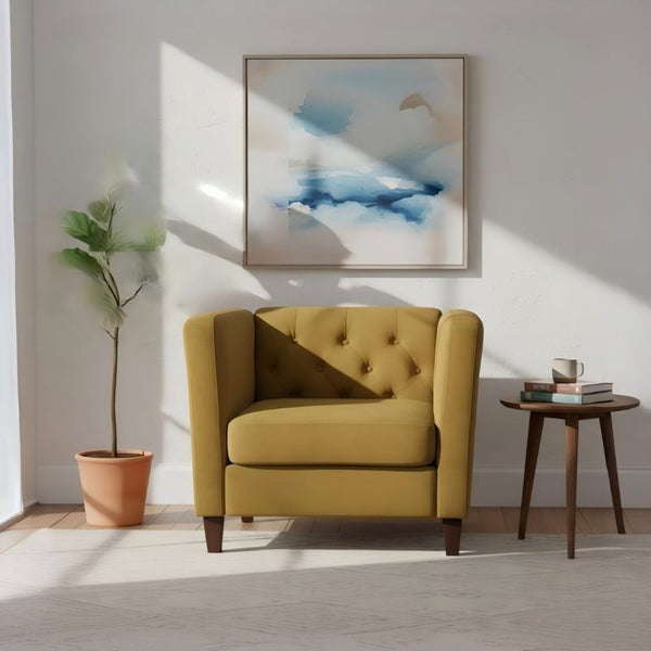 English Elm Modern Crushed Velvet Accent Chair Tufted Back Square Arms Tapered Legs Lounge Mustard Yellow B2735P539785