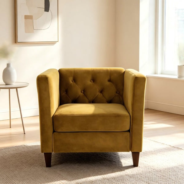 English Elm Modern Crushed Velvet Accent Chair Tufted Back Square Arms Tapered Legs Lounge Mustard Yellow B2735P539785