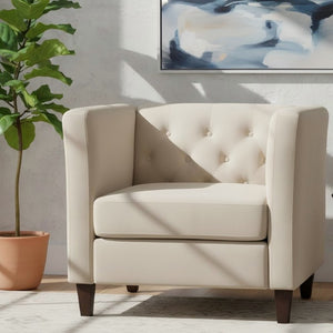 English Elm Modern Crushed Velvet Accent Chair Tufted Back Square Arms Tapered Legs Lounge Ivory B2735P539786