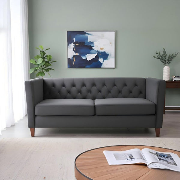 English Elm Button Tufted Crushed Velvet Three Seat Sofa with Tapered Wood Legs for Living Room Black B2735P539793