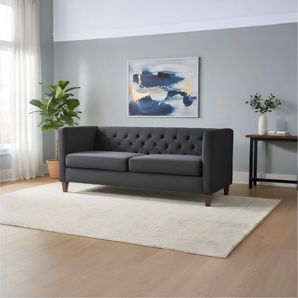 English Elm Button Tufted Crushed Velvet Three Seat Sofa with Tapered Wood Legs for Living Room Black B2735P539793