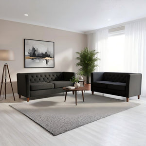 English Elm Button Tufted Crushed Velvet Three Seat Sofa with Tapered Wood Legs for Living Room Black B2735P539793