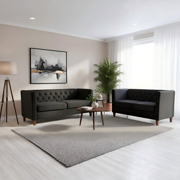 English Elm Button Tufted Crushed Velvet Three Seat Sofa with Tapered Wood Legs for Living Room Black B2735P539793