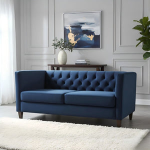 English Elm Button Tufted Crushed Velvet Three Seat Sofa with Tapered Wood Legs for Living Room Dark Blue B2735P539794
