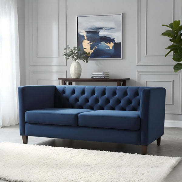 English Elm Button Tufted Crushed Velvet Three Seat Sofa with Tapered Wood Legs for Living Room Dark Blue B2735P539794