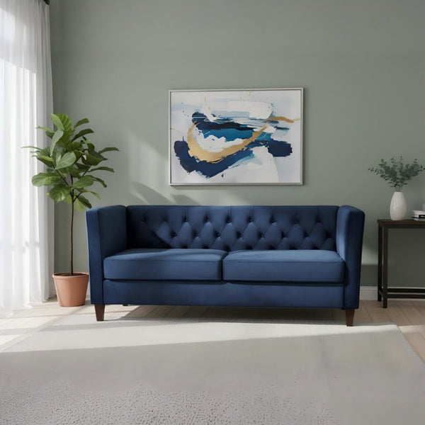 English Elm Button Tufted Crushed Velvet Three Seat Sofa with Tapered Wood Legs for Living Room Dark Blue B2735P539794