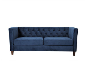 English Elm Button Tufted Crushed Velvet Three Seat Sofa with Tapered Wood Legs for Living Room Dark Blue B2735P539794