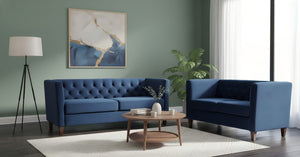 English Elm Button Tufted Crushed Velvet Three Seat Sofa with Tapered Wood Legs for Living Room Dark Blue B2735P539794
