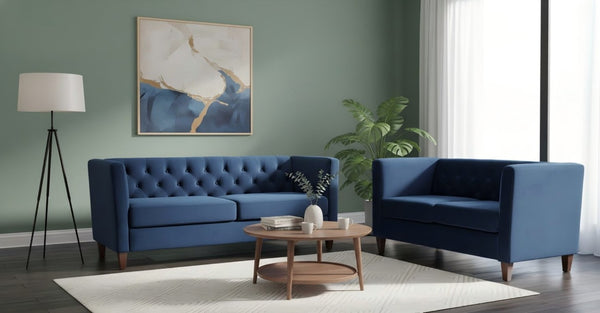 English Elm Button Tufted Crushed Velvet Three Seat Sofa with Tapered Wood Legs for Living Room Dark Blue B2735P539794