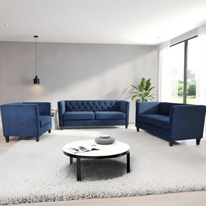 English Elm Button Tufted Crushed Velvet Three Seat Sofa with Tapered Wood Legs for Living Room Dark Blue B2735P539794