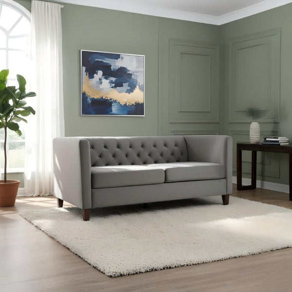 English Elm Button Tufted Crushed Velvet Three Seat Sofa with Tapered Wood Legs for Living Room Gray B2735P539795