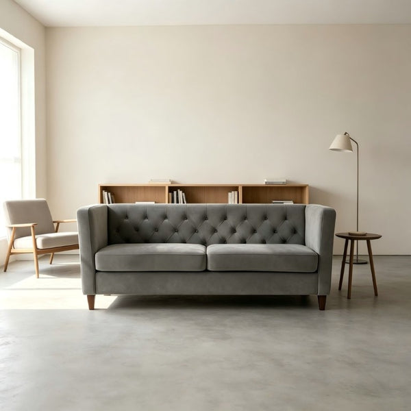 English Elm Button Tufted Crushed Velvet Three Seat Sofa with Tapered Wood Legs for Living Room Gray B2735P539795