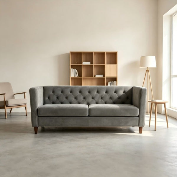English Elm Button Tufted Crushed Velvet Three Seat Sofa with Tapered Wood Legs for Living Room Gray B2735P539795