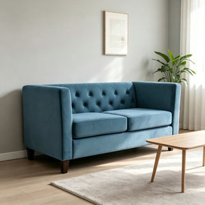 English Elm Button Tufted Crushed Velvet Three Seat Sofa with Tapered Wood Legs for Living Room Navy Blue B2735P539796