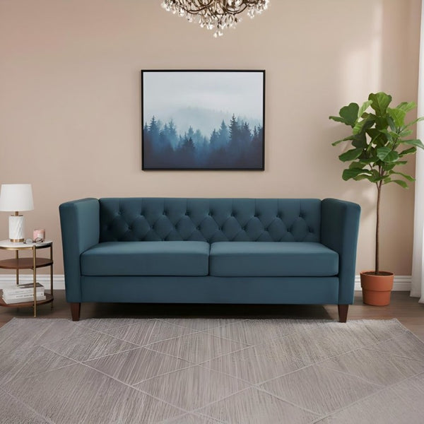 English Elm Button Tufted Crushed Velvet Three Seat Sofa with Tapered Wood Legs for Living Room Navy Blue B2735P539796