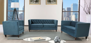 English Elm Button Tufted Crushed Velvet Three Seat Sofa with Tapered Wood Legs for Living Room Navy Blue B2735P539796