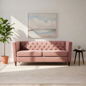 English Elm Button Tufted Crushed Velvet Three Seat Sofa with Tapered Wood Legs for Living Room Rose B2735P539797