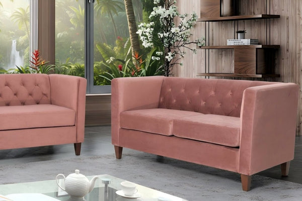 English Elm Button Tufted Crushed Velvet Three Seat Sofa with Tapered Wood Legs for Living Room Rose B2735P539797