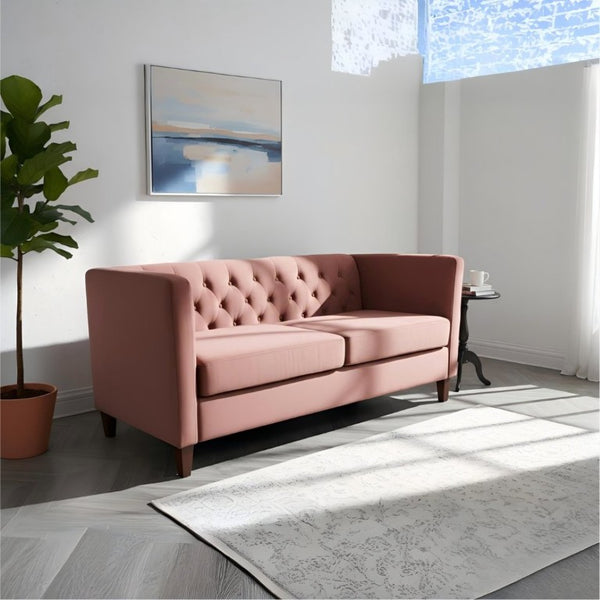English Elm Button Tufted Crushed Velvet Three Seat Sofa with Tapered Wood Legs for Living Room Rose B2735P539797