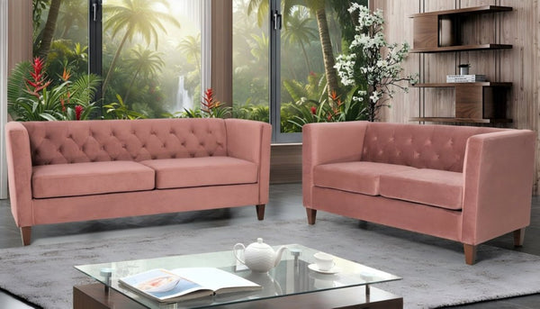 English Elm Button Tufted Crushed Velvet Three Seat Sofa with Tapered Wood Legs for Living Room Rose B2735P539797