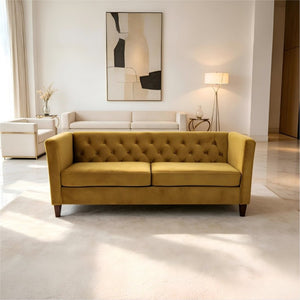 English Elm Button Tufted Crushed Velvet Three Seat Sofa with Tapered Wood Legs for Living Room Mustard Yellow B2735P539798