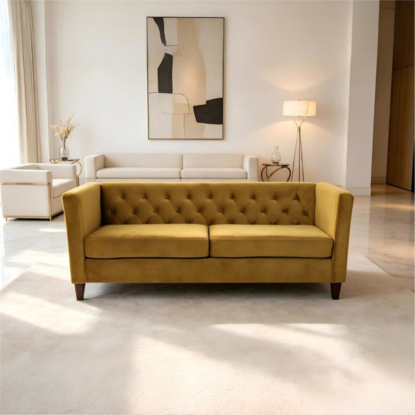 English Elm Button Tufted Crushed Velvet Three Seat Sofa with Tapered Wood Legs for Living Room Mustard Yellow B2735P539798