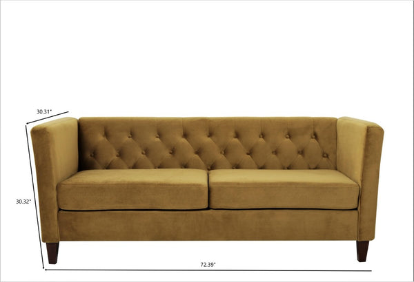 English Elm Button Tufted Crushed Velvet Three Seat Sofa with Tapered Wood Legs for Living Room Mustard Yellow B2735P539798