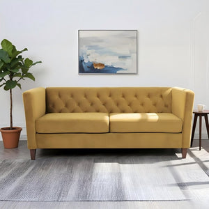 English Elm Button Tufted Crushed Velvet Three Seat Sofa with Tapered Wood Legs for Living Room Mustard Yellow B2735P539798