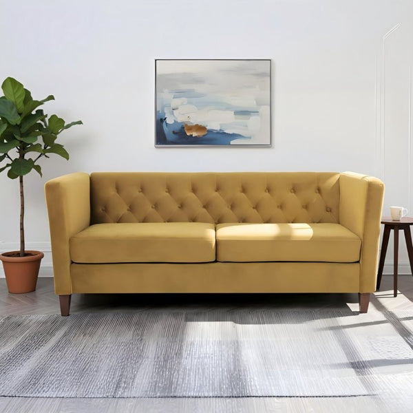 English Elm Button Tufted Crushed Velvet Three Seat Sofa with Tapered Wood Legs for Living Room Mustard Yellow B2735P539798