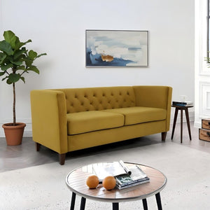 English Elm Button Tufted Crushed Velvet Three Seat Sofa with Tapered Wood Legs for Living Room Mustard Yellow B2735P539798