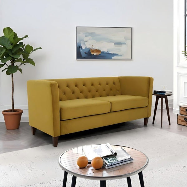 English Elm Button Tufted Crushed Velvet Three Seat Sofa with Tapered Wood Legs for Living Room Mustard Yellow B2735P539798