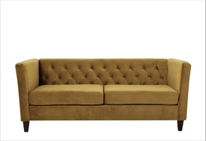 English Elm Button Tufted Crushed Velvet Three Seat Sofa with Tapered Wood Legs for Living Room Mustard Yellow B2735P539798