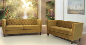 English Elm Button Tufted Crushed Velvet Three Seat Sofa with Tapered Wood Legs for Living Room Mustard Yellow B2735P539798