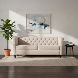 English Elm Button Tufted Crushed Velvet Three Seat Sofa with Tapered Wood Legs for Living Room Ivory B2735P539799