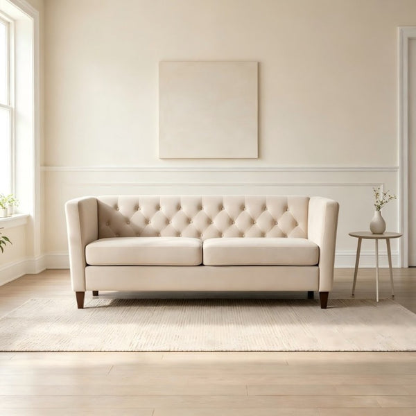 English Elm Button Tufted Crushed Velvet Three Seat Sofa with Tapered Wood Legs for Living Room Ivory B2735P539799