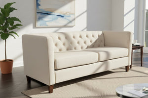 English Elm Button Tufted Crushed Velvet Three Seat Sofa with Tapered Wood Legs for Living Room Ivory B2735P539799