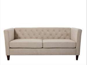 English Elm Button Tufted Crushed Velvet Three Seat Sofa with Tapered Wood Legs for Living Room Ivory B2735P539799