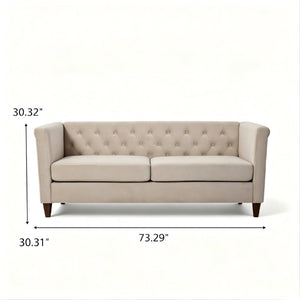 English Elm Button Tufted Crushed Velvet Three Seat Sofa with Tapered Wood Legs for Living Room Ivory B2735P539799