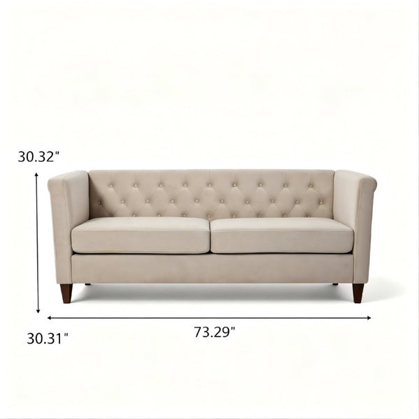 English Elm Button Tufted Crushed Velvet Three Seat Sofa with Tapered Wood Legs for Living Room Ivory B2735P539799