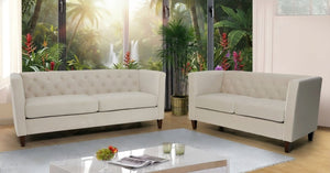 English Elm Button Tufted Crushed Velvet Three Seat Sofa with Tapered Wood Legs for Living Room Ivory B2735P539799
