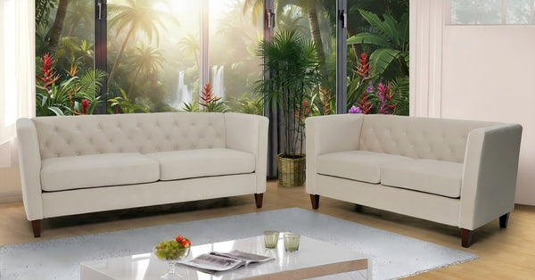 English Elm Button Tufted Crushed Velvet Three Seat Sofa with Tapered Wood Legs for Living Room Ivory B2735P539799