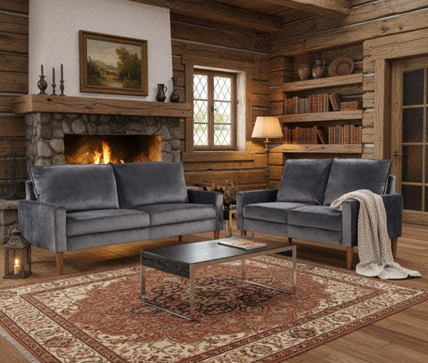 English Elm Modern Velvet Compact Loveseat with Coil Spring Support and Wood Legs for Apartments Grey B2735P539855