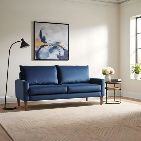 English Elm Modern Velvet Three Seat Sofa with Wood Legs Coil Spring Support for Living Rooms Dark Blue B2735P539857