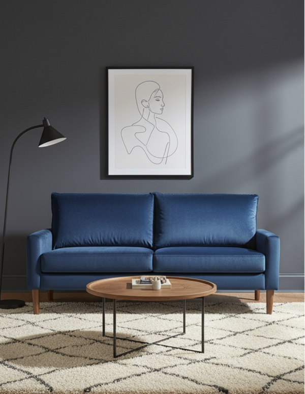 English Elm Modern Velvet Three Seat Sofa with Wood Legs Coil Spring Support for Living Rooms Dark Blue B2735P539857